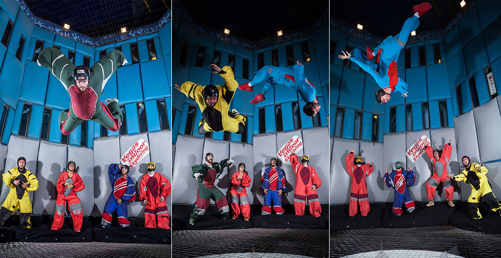 Photos of people inside the wind tunnel at Vegas Indoor Skydiving