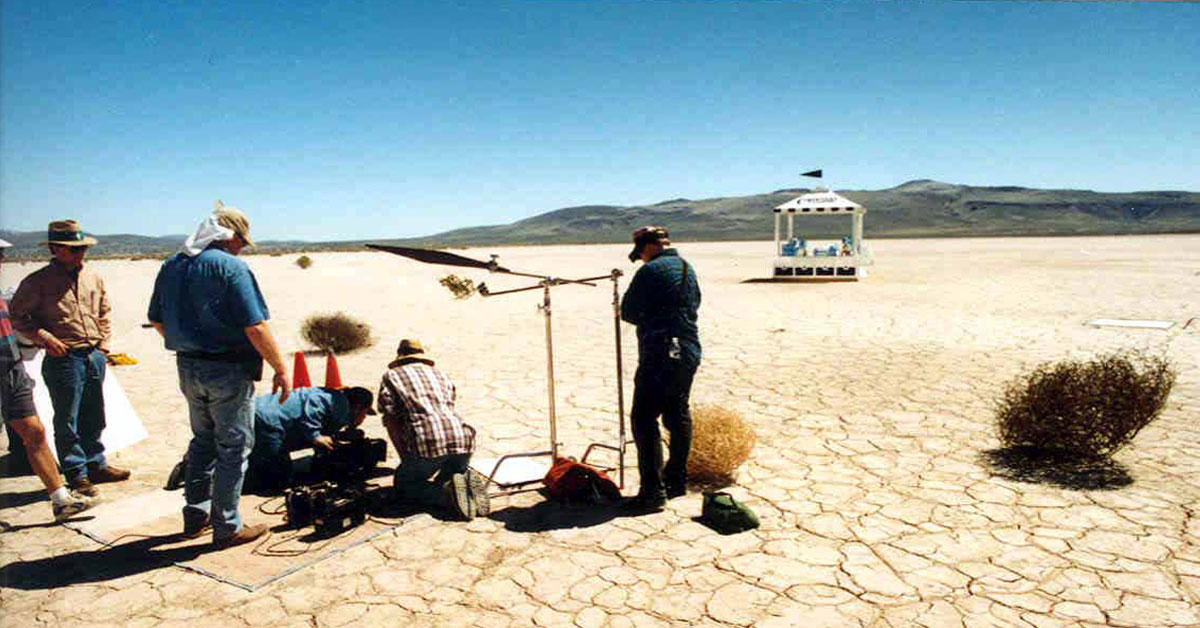 Film crew standing in desert at Misfits Flat