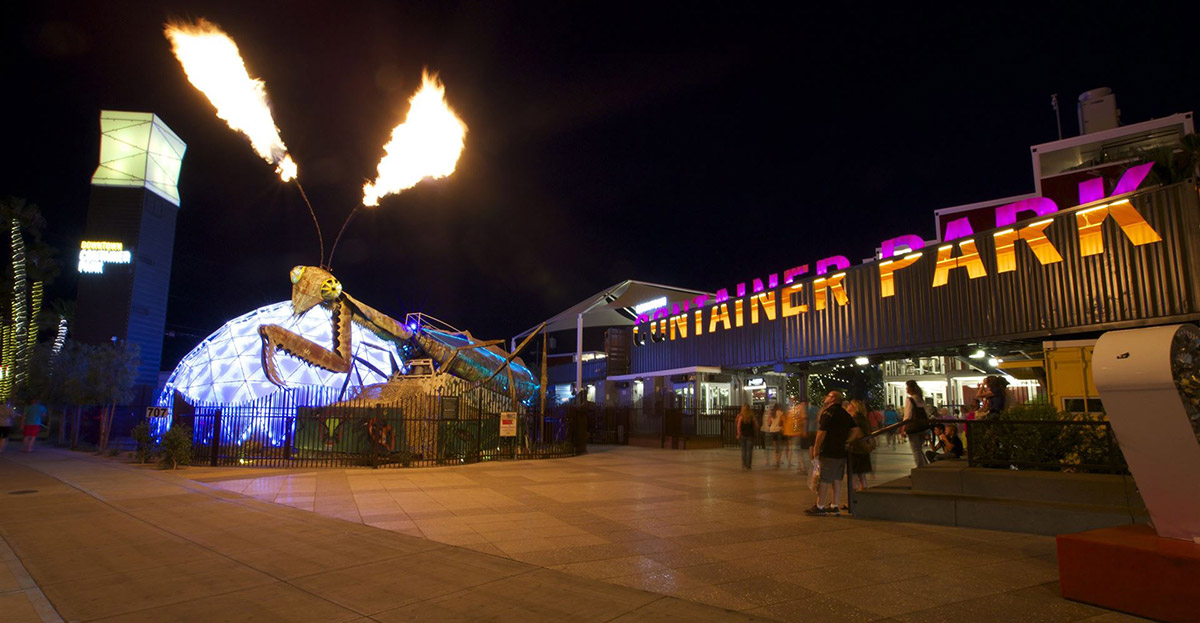 Entrance to Container Park and fire-breathing mantis